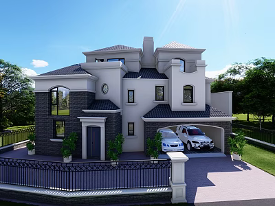 Modern Two Story Detached Villa With Garage Parked Cars And Green Plants 3d model