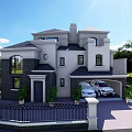 Modern Two Story Detached Villa With Garage Parked Cars And Green Plants