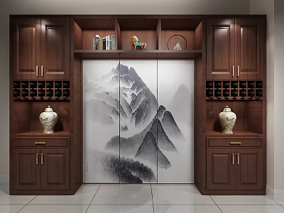 New Chinese Style Wine Cabinet Redwood Decorative Painting Green Plant Wine Cabinet Wardrobe 3d model