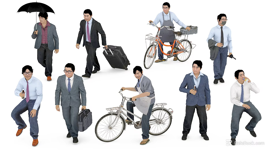 Multiple People in Different Attires Walking Carrying Bags And Riding Bicycles 3d model 