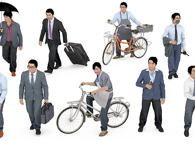 Multiple People in Different Attires Walking Carrying Bags And Riding Bicycles 3d model