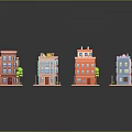 Colorful Miniature Buildings In Various Styles With Decorative Windows And Small Trees
