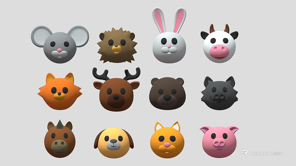 Cute Colorful Cartoon Animal Heads Collection With Various Animal Designs 3d model 