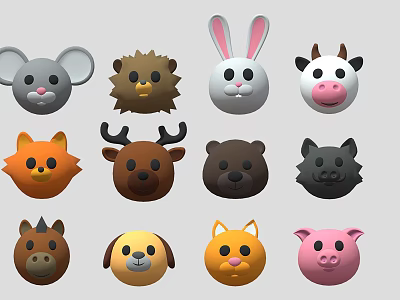 Cute Colorful Cartoon Animal Heads Collection With Various Animal Designs 3d model