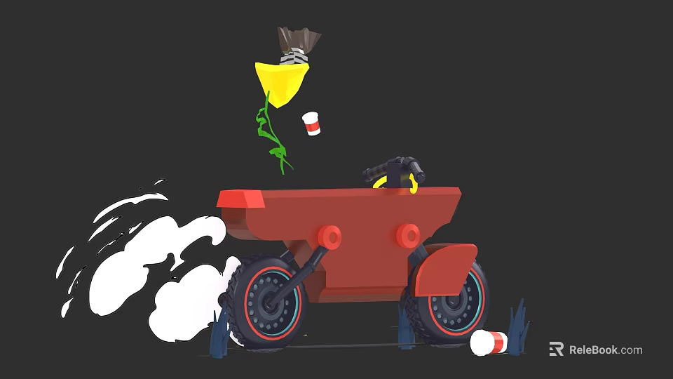 Cartoon Game Character Riding Red Vehicle With Smoke And Cups 3d model 