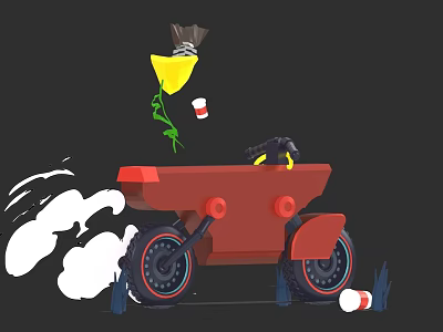Cartoon Game Character Riding Red Vehicle With Smoke And Cups 3d model