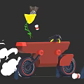 Cartoon Game Character Riding Red Vehicle With Smoke And Cups