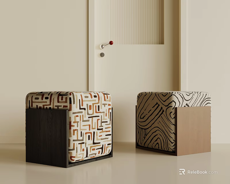 Two Square Stools Featuring Geometric Maze Abstract Line Patterns Wooden Base Modern Minimalist Indoor Design 3d model 