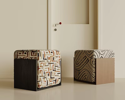 Two Square Stools Featuring Geometric Maze Abstract Line Patterns Wooden Base Modern Minimalist Indoor Design 3d model