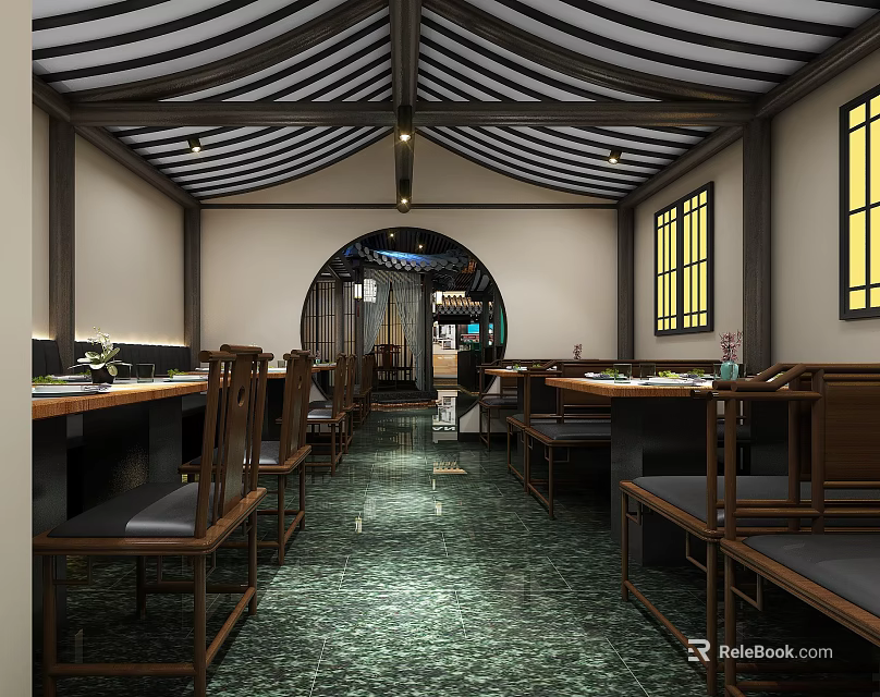 Traditional Chinese Restaurant Interior Featuring Wooden Tables Chairs Arched Doorway Green Floor And Yellow Windows 3d model 