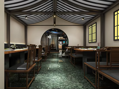 Traditional Chinese Restaurant Interior Featuring Wooden Tables Chairs Arched Doorway Green Floor And Yellow Windows 3d model