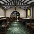 Traditional Chinese Restaurant Interior Featuring Wooden Tables Chairs Arched Doorway Green Floor And Yellow Windows