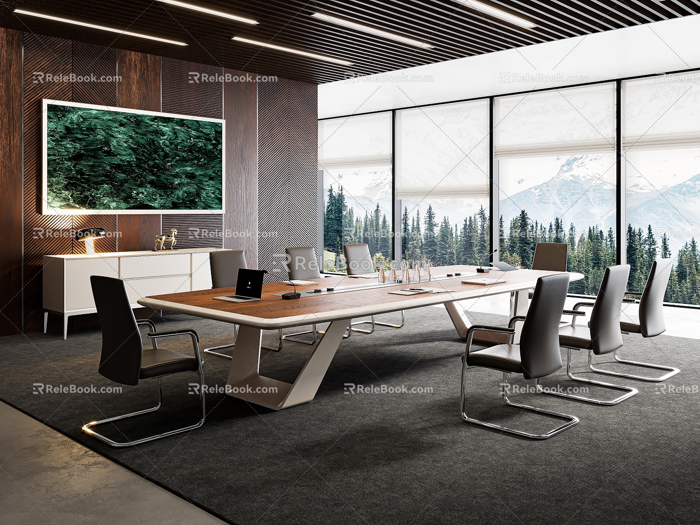 Modern Office Meeting Room Large Meeting Room Open Meeting Room Conference Table Conference Chair Office Desk Office Chair Filing Cabinet Chandelier Office Jewelry Ornaments 3d model