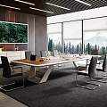 Modern Conference Room with Large Windows Mountain Forest View Long Table Chairs Decorative Painting