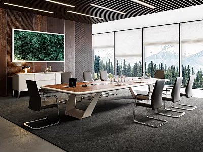 Modern Conference Room with Large Windows Mountain Forest View Long Table Chairs Decorative Painting 3d model