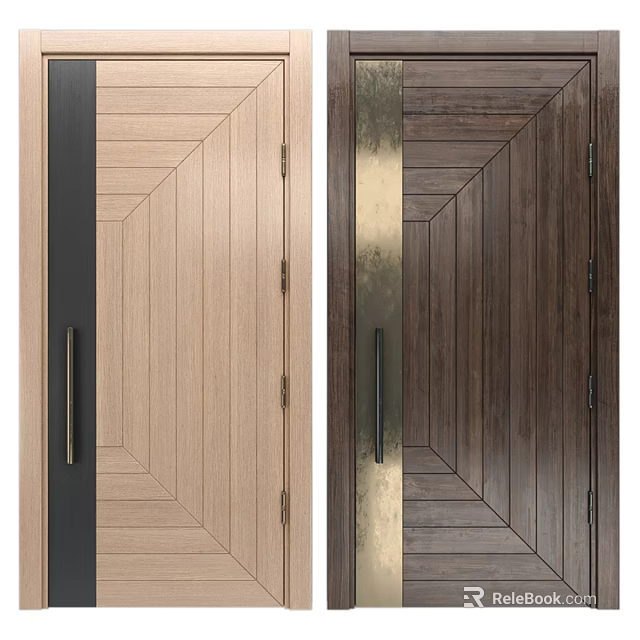 Swing Doors With Light And Dark Wood Grain Design Black And Gold Frames 3d model 