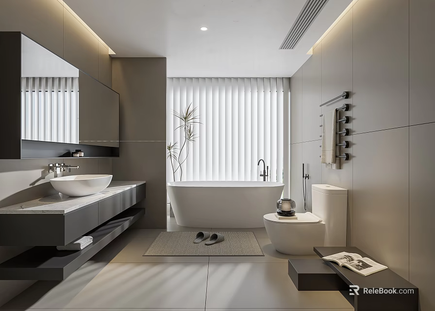 Contemporary Minimalist Light Grey Bathroom With Freestanding Bathtub And Complete Luxury Modern Sanitary Fixtures 3d model 