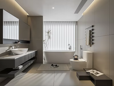 Contemporary Minimalist Light Grey Bathroom With Freestanding Bathtub And Complete Luxury Modern Sanitary Fixtures 3d model