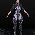 Futuristic Game Movie Female Character in Purple Black Mechanical Armored Suit With Sci Fi Combat Design