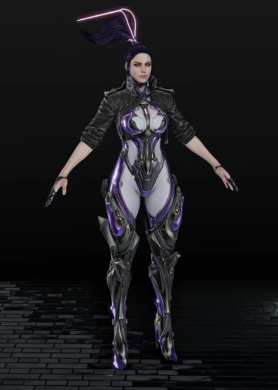 Futuristic Game Movie Female Character in Purple Black Mechanical Armored Suit With Sci Fi Combat Design 3d model