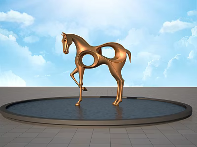 Golden Horse Sculpture with Circular Hollow Design Standing on Round Base Against Blue Sky 3d model