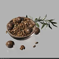 Fresh Walnuts in Wooden Bowl with Whole Nuts Kernel Pieces and Olive Leaves