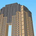 Modern High Rise Building With Glass Curtain Wall Brick Exterior And Blue Glass Entrance
