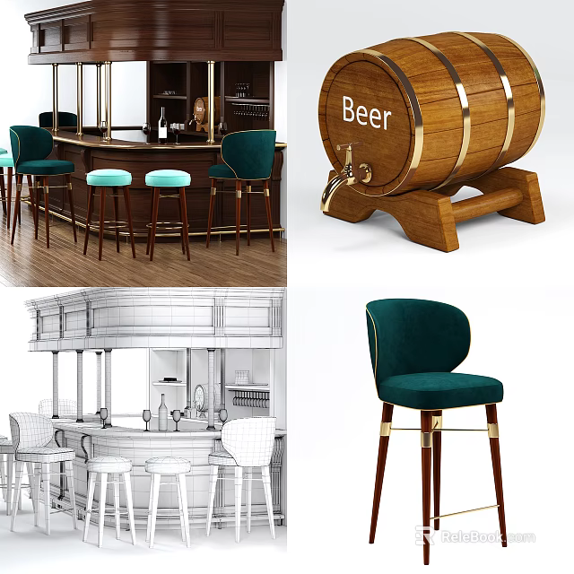 Stylish Modern Bar Counter Interior With Green Stools And Wooden Beer Barrel 3d model 