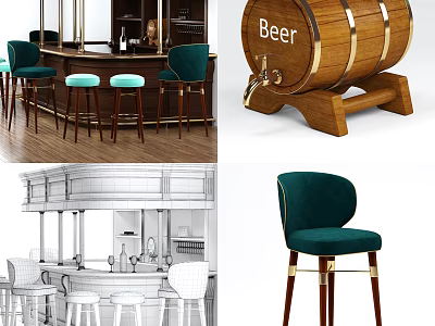 Stylish Modern Bar Counter Interior With Green Stools And Wooden Beer Barrel 3d model