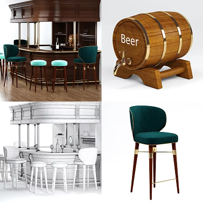 American Bar Chair Combination Bar Counter Front Desk Cashier Bar Chair Barrel 3d model