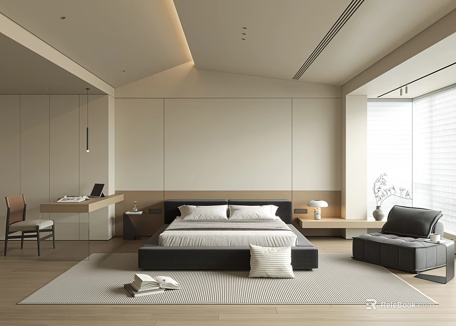 Minimalist Bedroom Interior Design With Large Bed Area Rug And Floor To Ceiling Windows 3d model 