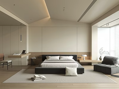 Minimalist Bedroom Interior Design With Large Bed Area Rug And Floor To Ceiling Windows 3d model