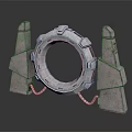Cartoon Scene of Futuristic Portal with Circular Frame Pink Blue Lights Between Stone Pillars