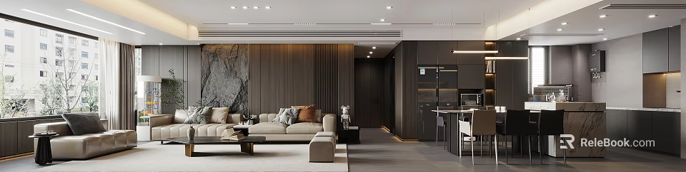 Modern Living Dining Room Interior With Beige Sofa Coffee Table And Wooden Slat Wall Lighting 3d model 