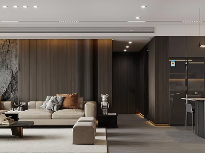 Modern Living Dining Room Interior With Beige Sofa Coffee Table And Wooden Slat Wall Lighting 3d model