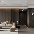 Modern Living Dining Room Interior With Beige Sofa Coffee Table And Wooden Slat Wall Lighting