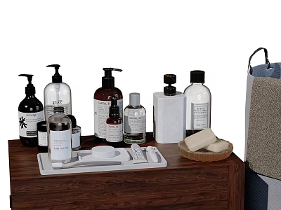 Stylish Bathroom Set With Wooden Countertop Bath Product Bottles White Tray And Soap 3d model