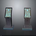 Upright Digital Information Kiosks With Blue Glowing Borders And Screens Displaying Blue Interfaces And Icons