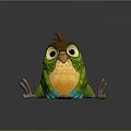 Cute Cartoon Bird With Green Feathers Yellow Belly Blue Claws And Big Eyes