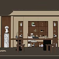 Modern Middle Style Study Bookcase Chandelier Desk and Chair Partition 3d model