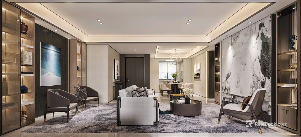 Elegant Modern Living and Dining Room Interior With Sofa Coffee Table And Chandelier 3d model 