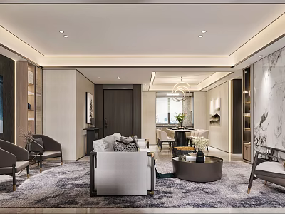 Elegant Modern Living and Dining Room Interior With Sofa Coffee Table And Chandelier 3d model