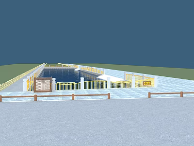 Modern Water Fountain Decorative Design With Stone Pavement And Yellow Railings In Outdoor Plaza 3d model
