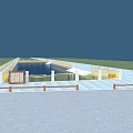 Modern Water Fountain Decorative Design With Stone Pavement And Yellow Railings In Outdoor Plaza