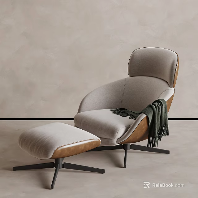 Modern Gray Fabric Lounge Chair With Green Throw Blanket And Ottoman 3d model 