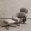 Modern Gray Fabric Lounge Chair With Green Throw Blanket And Ottoman
