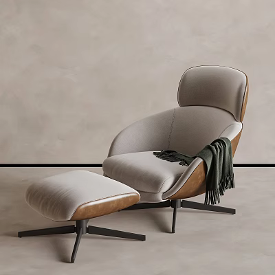 Modern Gray Fabric Lounge Chair With Green Throw Blanket And Ottoman 3d model