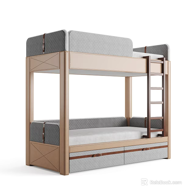 Modern Wooden Bunk Bed With Gray Upholstered Panels Ladder And Storage Drawers 3d model 