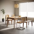 Modern Wooden Dining Table Set With Wicker Chairs Bench And Natural Light 3d model