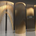 Elegant Golden Wavy Striped Art Installation Featuring Central Logo Panel 3d model